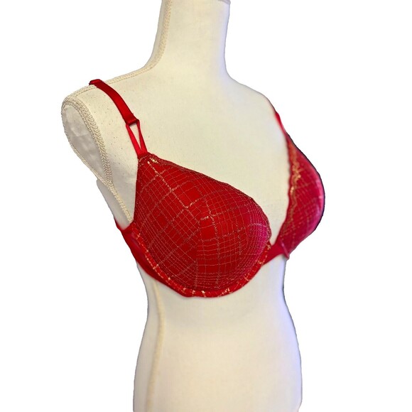 Victoria's Secret red plaid w/sparkly gold accent push up bra size 38C pre-loved - Picture 1 of 9
